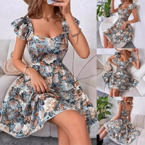 Fashion Floral Printed Square Neck Ruffle Short Sleeve Backless Mini Dress