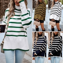 Fashion Contrast Color Stripe Printed Turtleneck Long Sleeve Side Slit Knitted Shirt