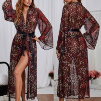 Sexy Semi-through Leopard Printed Long Sleeve Self-tie Comfy Nightgown