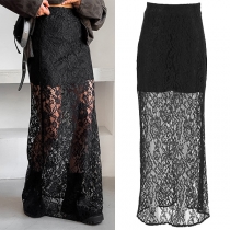 Elegant Semi-through Jacquard Lace Maxi Skirt