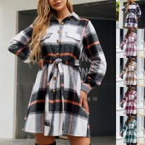 Vintage Contrast Color Plaid Stand Collar Long Sleeve Self-tie Shirt Dress