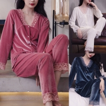 Sexy Lace Spliced Velvet Two-piece Loungewear Set Consist of V-neck Shirt and Straight-cut Pants