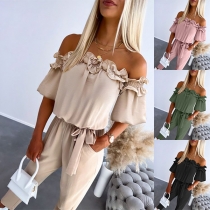 Sexy Ruffle Off-the-shoulder Short Sleeve Self-tie Jumpsuit