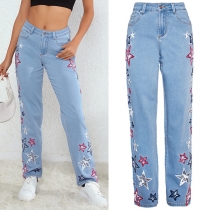 Fashion Star Embroidery Straight-cut Old-washed Denim Jeans