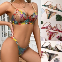 Sexy Floral Embroidered Semi-through Two-piece Lingerie Set