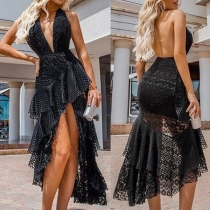 Sexy Halterneck V-neck Backless High-low Hemline Lace Dress