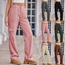 Casual Solid Color Side Patch Pockets Mid-rise Straight-cut Denim Jeans