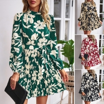 Fashion Floral Printed Crew Neck Long Sleeve Self-tie Pleated Dress