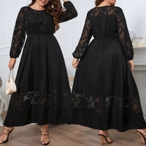 Fashion Crew Neck Long Sleeve Jacquard Lace Spliced Maxi Plus-size Dress