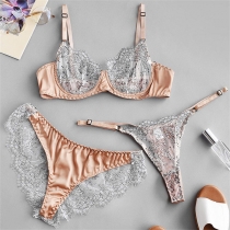 Sexy Semi-through Contrast Color Floral Printed Three-piece Lingerie Set