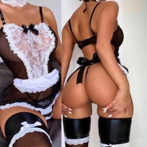 Sexy Mesh-net Spliced Lace Back Tie Lingerie Bodysuit