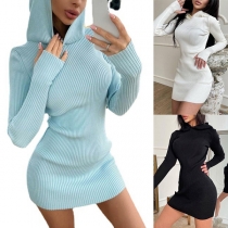 Fashion Solid Color Long Sleeve Hooded Ribbed Bodycon Dress