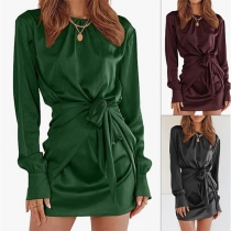 Fashion Solid Color Crew Neck Long Sleeve Self-tie Satin Dress