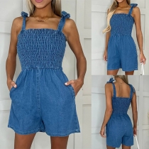 Fashion Smocked Bodice Self-tie Shoulder Strap Denim Romper