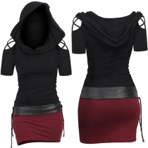 Fashion Contrast Color Open Shoulder Short Sleeve Hoodie Side Drawstring Bodycon Dress