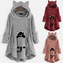 Fashion Cat Printed Kangaroo Pocket Long Sleeve Hooded Plush Sweatshirt