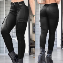 Fashion Solid Color Side Patch Pockets Artificial Leather PU Skinny Pants
