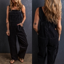 Street Fashion Multi-pockets Straight-cut Denim Jumpsuit