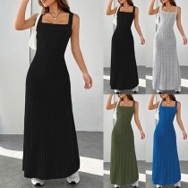 Elegant Square Neck Sleeveless Backless Ribbed Maxi Dress