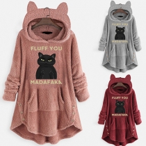 Cute Cat Printed Long Sleeve Irregular Hemline Hooded Plush Sweatshirt