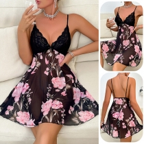 Sexy Lace Spliced Floral Printed V-neck Backless Nightwear Dress