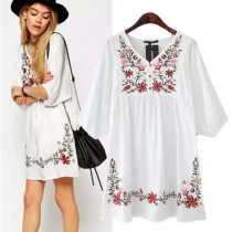 Ethnic Style Embroidery Half Sleeve Loose Dress