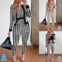 Fashion Houndstooth Printed Three-piece Set Consist of Blazer, Crop Top and Skinny Pants
