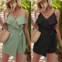 Fashion Solid Color Ruffle V-neck Self-tie Irregular Hemline Romper