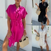 Fashion Solid Color Notch Lapel Short Sleeve Drawstring Waist Shirt Dress