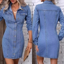 Fashion Stand Collar Long Sleeve Denim Shirt Dress