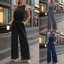 Casual Crew Neck Sleeveless Elastic Waist Straight-cut Jumpsuit