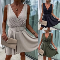 Fashion V-neck Sleeveless Backless Dress with Belt