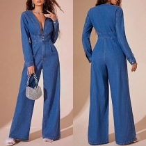 Fashion V-neck Long Sleeve High-rise Straight-cut Denim Jumpsuit