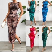 Fashion Printed Crew Neck Sleeveless Side Slit Bodycon Dress