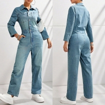 Fashion Stand Collar Long Sleeve Front Button Straight-cut Old-washed Denim Jumpsuit