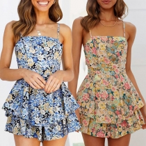 Fresh Style Floral Printed Square Neck Backless Cami Romper