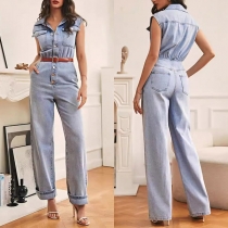 Fashion Stand Collar Sleeveless Front Button Straight-cut Old-washed Denim Jumpsuit