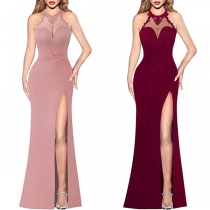 Sexy Gauze Spliced Halterneck Sleeveless Side Slit Party Dress