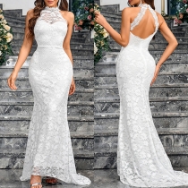 Elegant Halterneck Backless High-low Hemline Bodycon Lace Party Dress