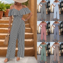 Fashion Vertical Stripe Printed Ruffle Off-the-shoulder Jumpsuit