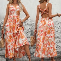 Fashion Floral Printed Square Neck Backless Midi Dress