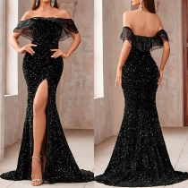 Elegant Sequined Ruffle Off-the-shoulder Slit Maxi Party Dress