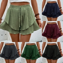 Casual Texture Elastic Drawstring Waist Tiered Shorts