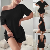 Sexy Crew Neck Short Sleeve Backless Mini Dress