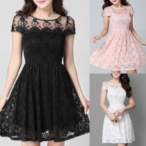 Elegant Crew Neck Short Sleeve Mini Lace Dress
