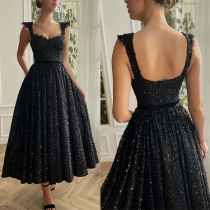 Elegant Bling-bling Sequin Sweetheart Neckline Backless Pleated Party Dress