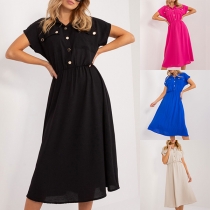 Casual Button V-neck Short Sleeve High-rise Midi Dress