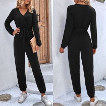 Fashion V-neck Long Sleeve Self-tie Jumpsuit