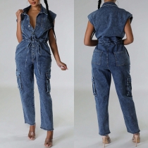Street Fashion Front Button Stand Collar Sleeveless Side Patch Pockets Self-tie Waist Old-washed Denim Jumpsuit