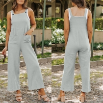 Casual Solid Color Square Neck Patch Pockets Jumpsuit
